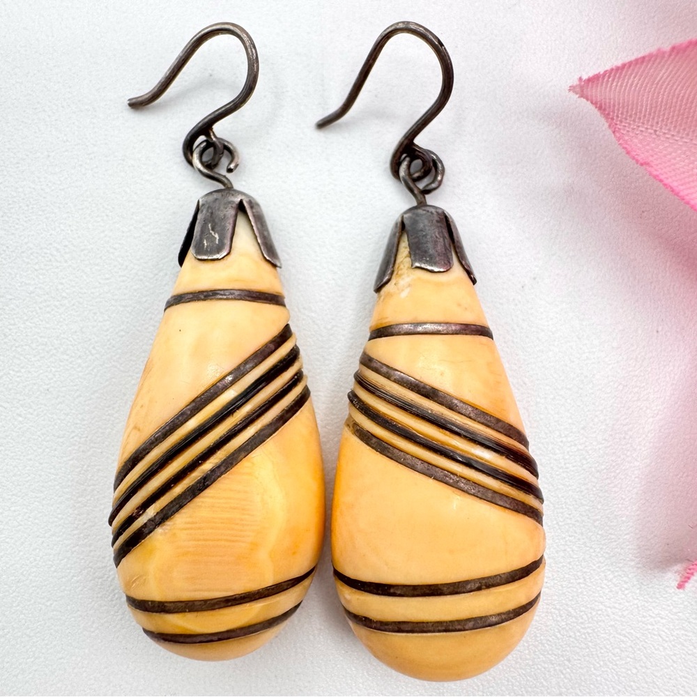 Ethnic Tribal Africa Silver Wire Wrapped Bohemian Boho Dangle Earrings Ox Patina